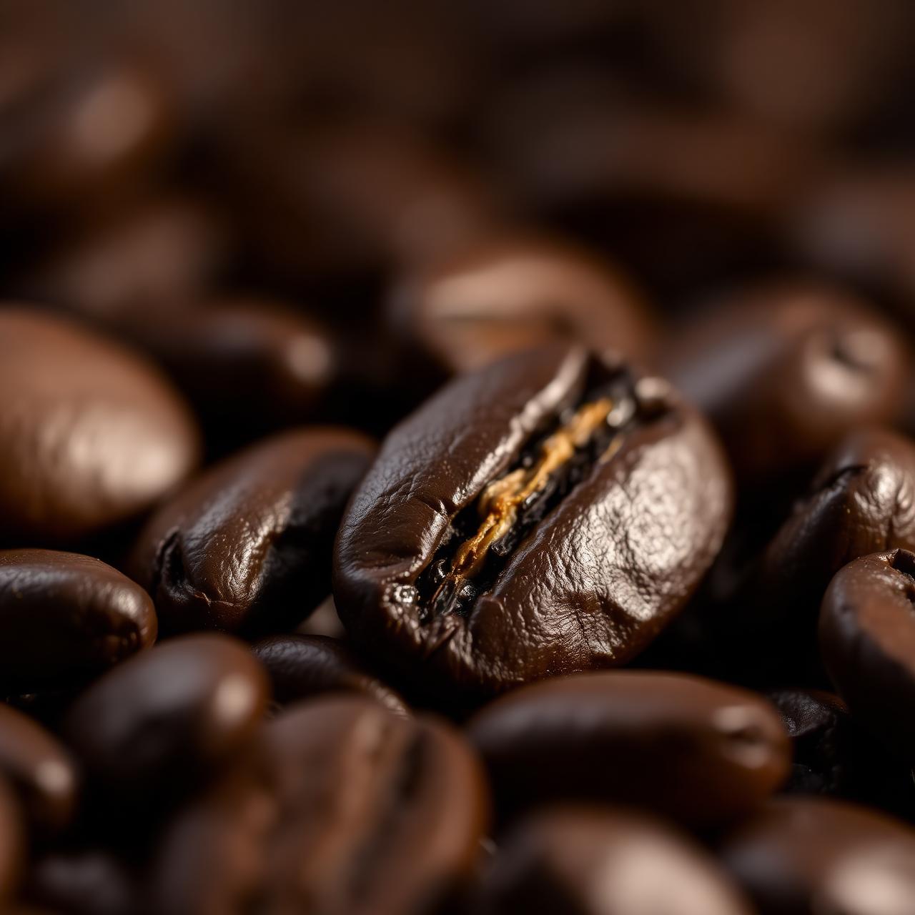 Macro photograph of dark roasted coffee beans