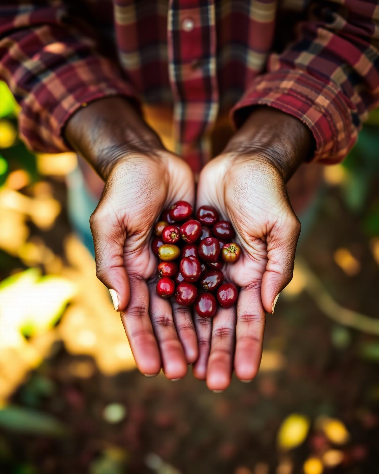 Hands holding freshly harvested coffee cherries