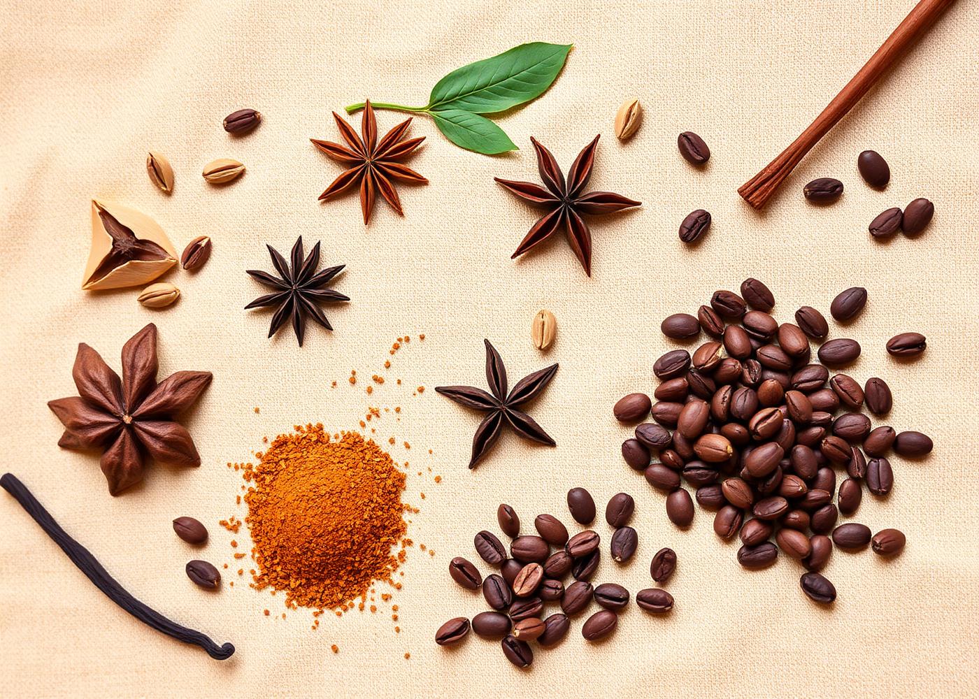 Spices, vanilla and coffee beans arranged on warm linen