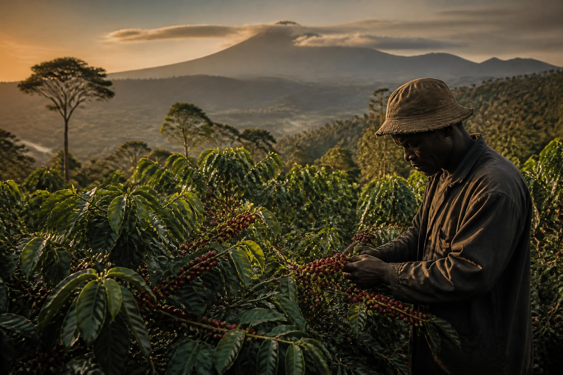 Coffee farm hillside in Cameroon at golden hour