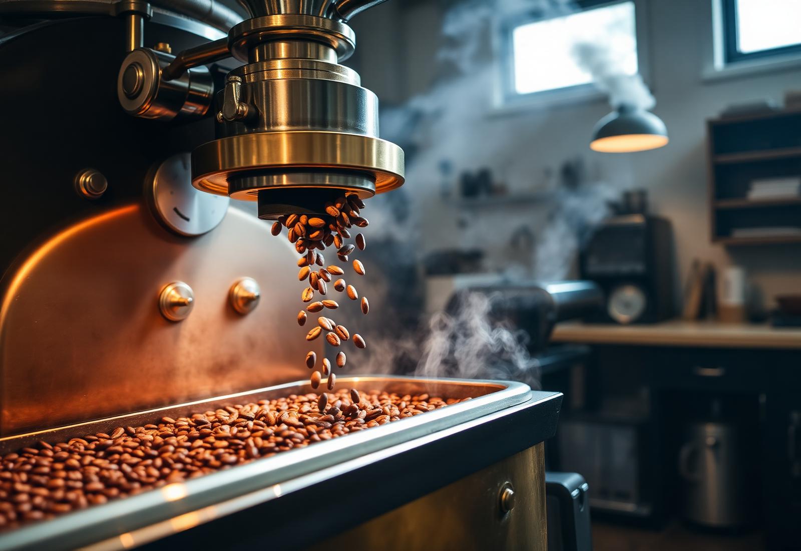 Roastery drum turning freshly roasted coffee